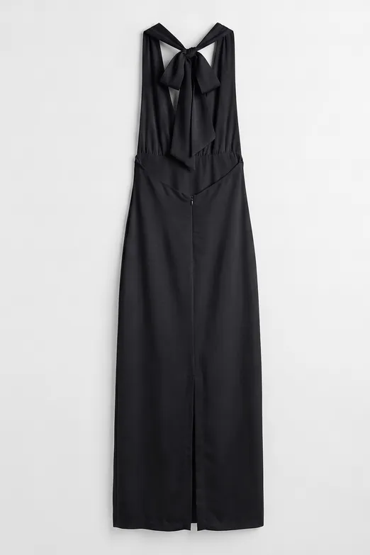 Bayan Siyah Saten Halter Yakalı Maksi Elbise - BSL