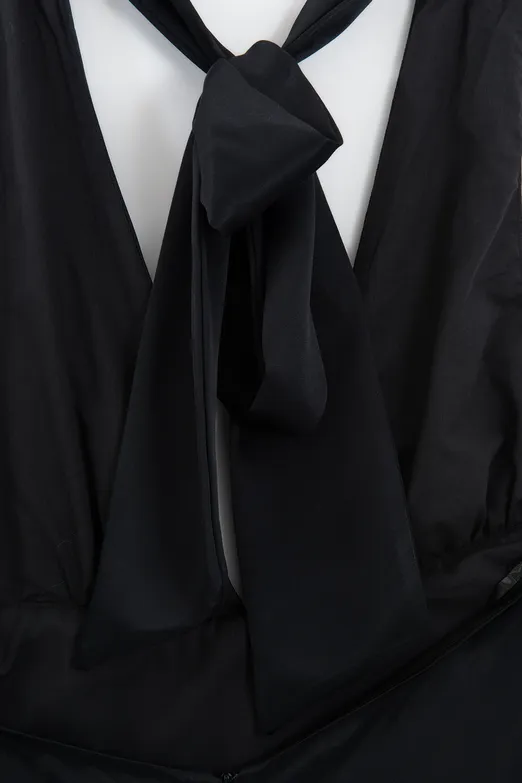Bayan Siyah Saten Halter Yakalı Maksi Elbise - BSL