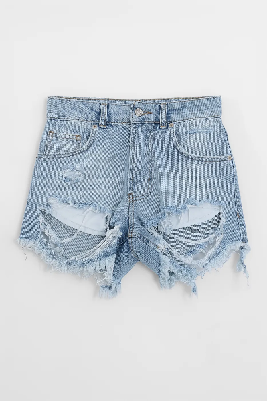 Bayan Mavi Yıpratmalı Mini Denim Şort