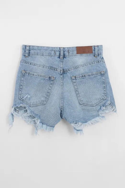 Bayan Mavi Yıpratmalı Mini Denim Şort - BSL