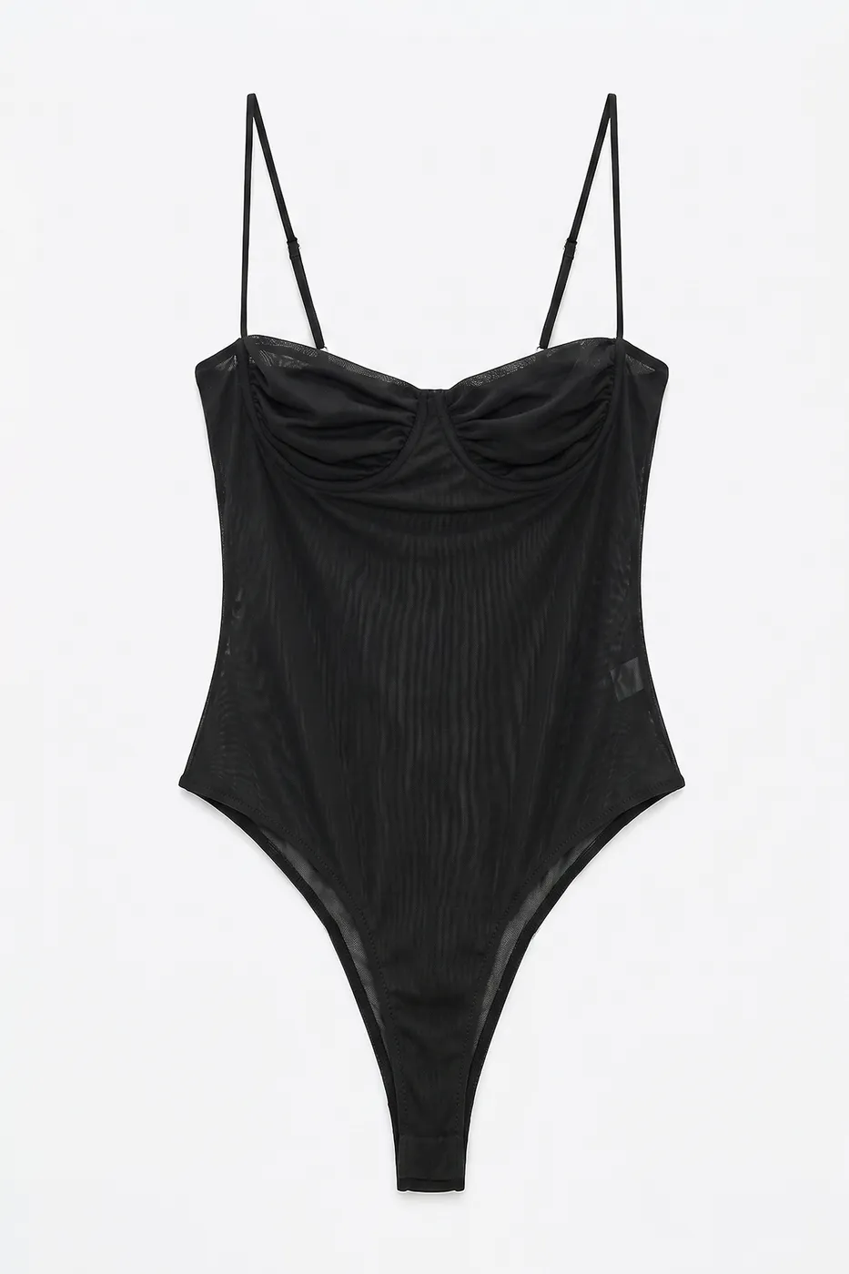 Bayan Siyah Askılı Tül Bodysuit