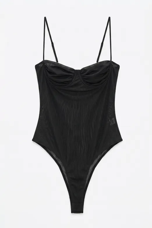 Bayan Siyah Askılı Tül Bodysuit - BSL