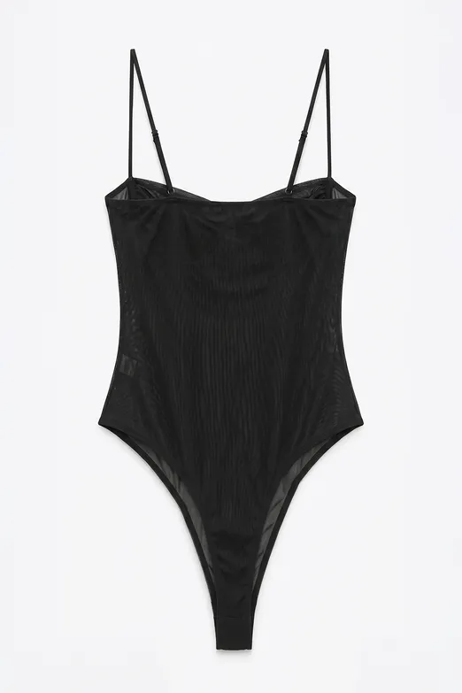 Bayan Siyah Askılı Tül Bodysuit - BSL