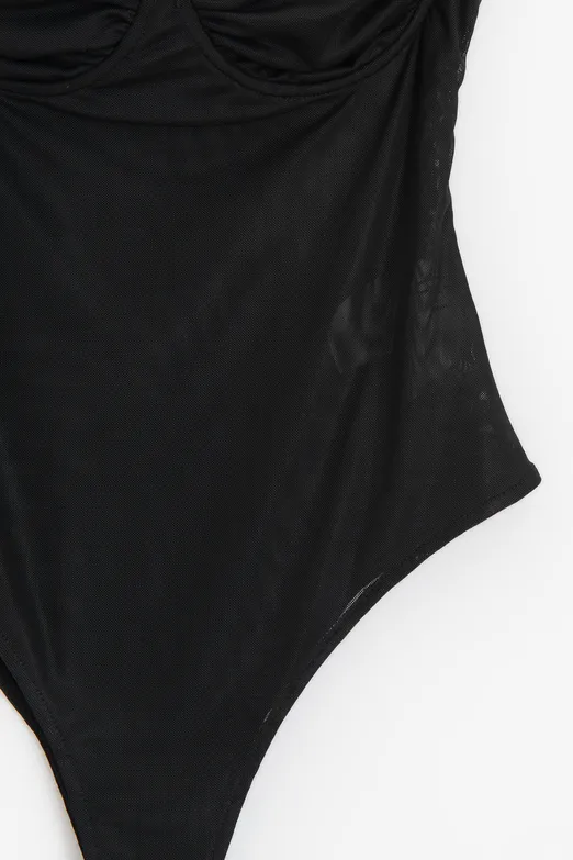 Bayan Siyah Askılı Tül Bodysuit - BSL