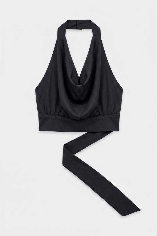 Bayan  Saten Degaje Yakalı Crop Bluz