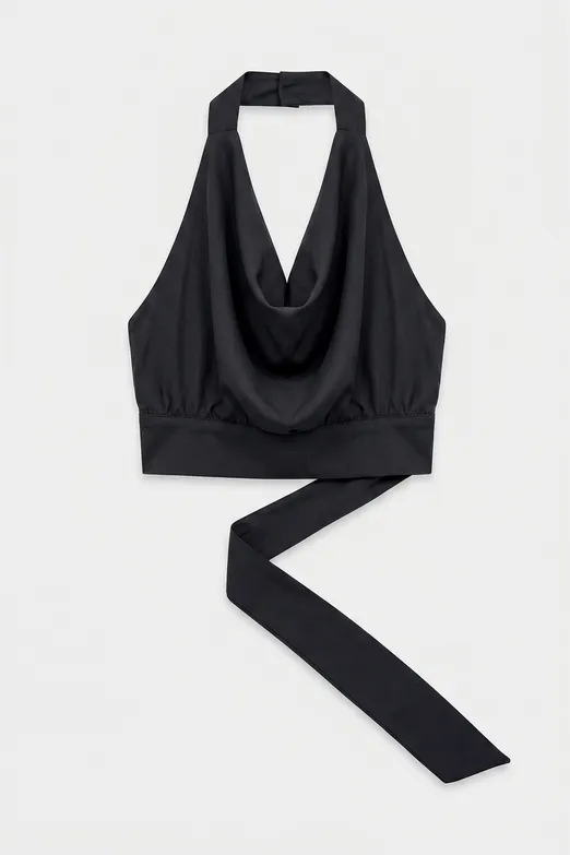 Bayan Siyah Saten Degaje Yakalı Crop Bluz - BSL