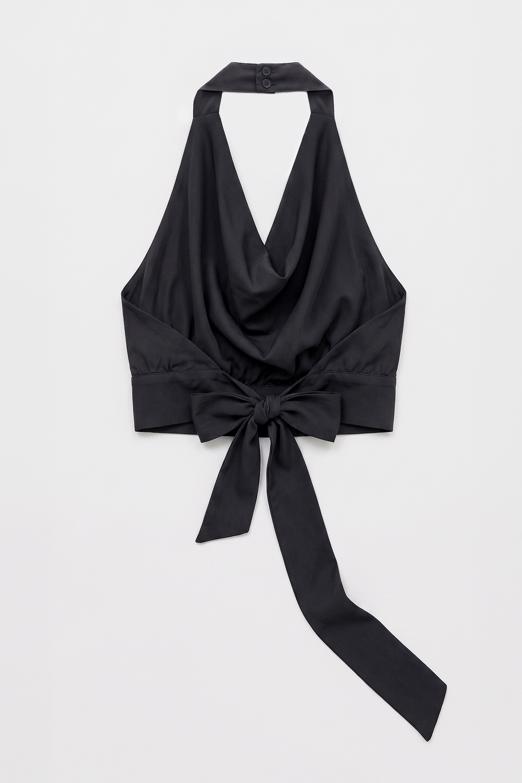 Saten Degaje Yakalı Crop Bluz