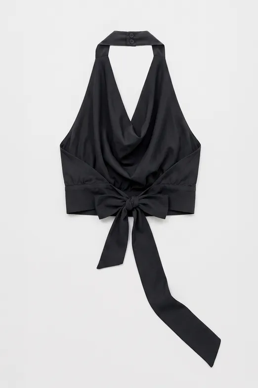 Bayan Siyah Saten Degaje Yakalı Crop Bluz - BSL