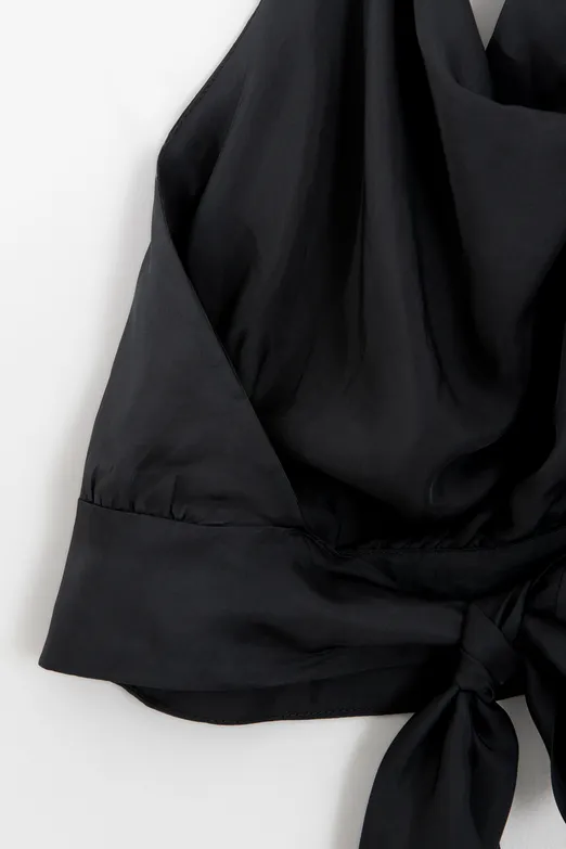 Bayan Siyah Saten Degaje Yakalı Crop Bluz - BSL
