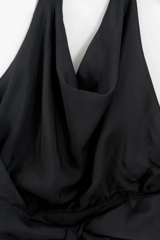Bayan Siyah Saten Degaje Yakalı Crop Bluz - BSL