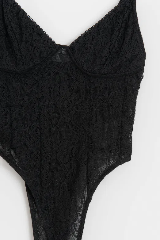 Bayan Siyah Aslılı Tül Bodysuit - BSL