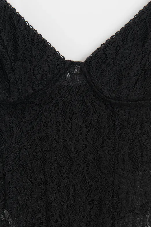 Bayan Siyah Aslılı Tül Bodysuit - BSL