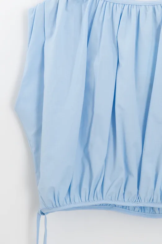 Bayan Mavi Büzgülü Crop Balon Bluz - BSL