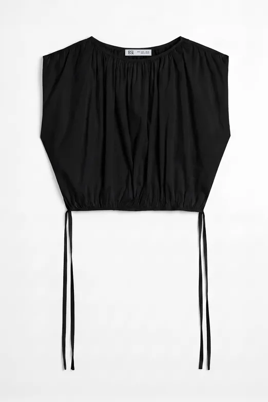 Bayan Siyah Büzgülü Crop Balon Bluz - BSL