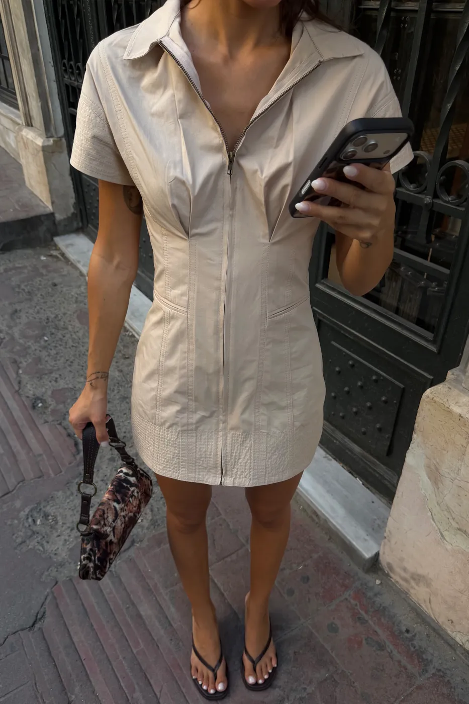 Bayan Bej Fermuar Kapama Cotton Mini Elbise