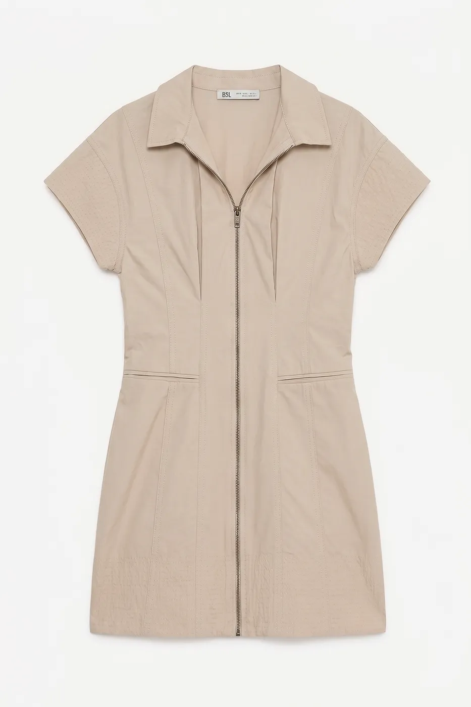 Bayan Bej Fermuar Kapama Cotton Mini Elbise