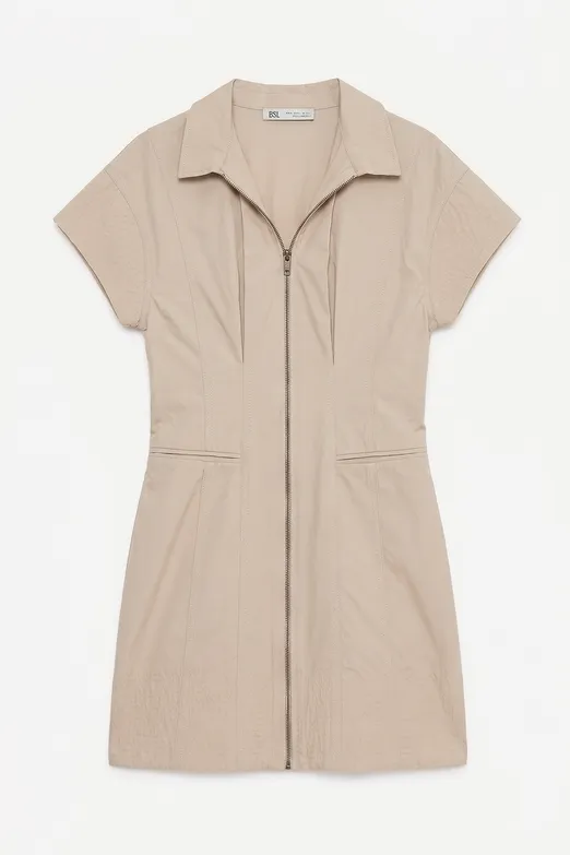 Bayan Bej Fermuar Kapama Cotton Mini Elbise - BSL