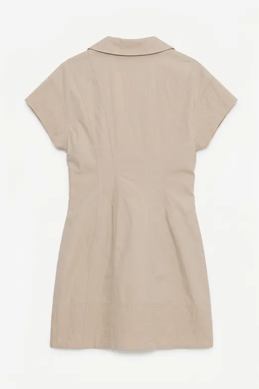 Bayan Bej Fermuar Kapama Cotton Mini Elbise - BSL