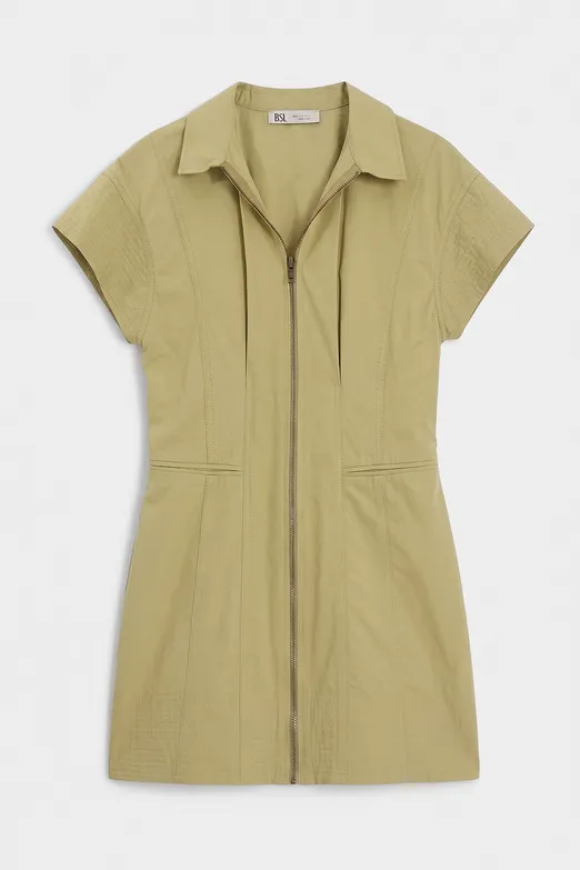 Bayan Yeşil Fermuar Kapama Cotton Mini Elbise - BSL