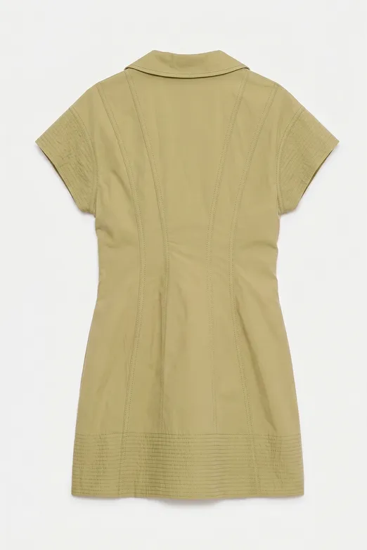 Bayan Yeşil Fermuar Kapama Cotton Mini Elbise - BSL