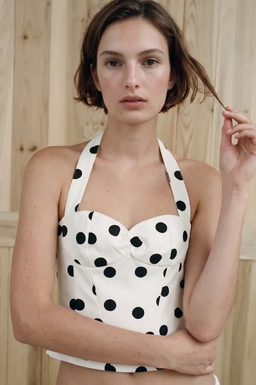 Bayan Ekru Halter Yaka Puantiyeli Top - BSL
