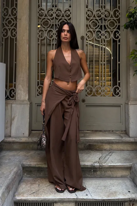 Bayan Kahverengi Halter Yaka %100 Keten Yelek - BSL