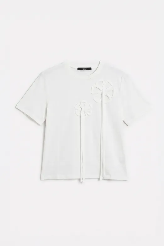 Bayan Beyaz Çiçek Detaylı Bisiklet Yaka Tshirt - BSL