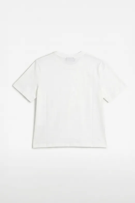 Bayan Beyaz Çiçek Detaylı Bisiklet Yaka Tshirt - BSL