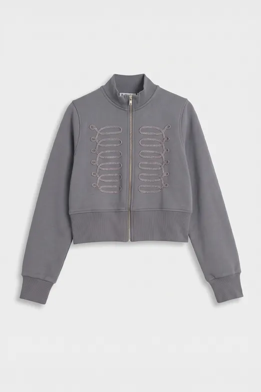 Bayan Gri Fermuarlı Süs Düğmeli Sweatshirt - BSL