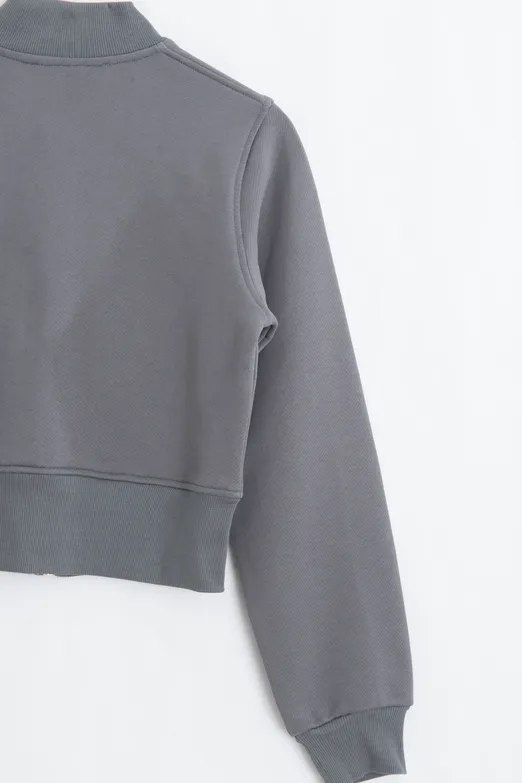 Bayan Gri Fermuarlı Süs Düğmeli Sweatshirt - BSL