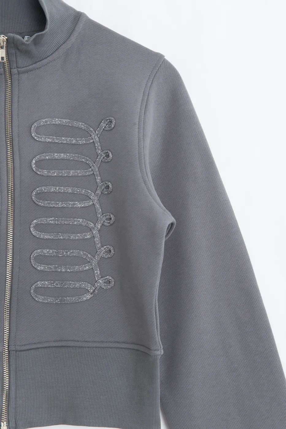 Bayan Gri Fermuarlı Süs Düğmeli Sweatshirt