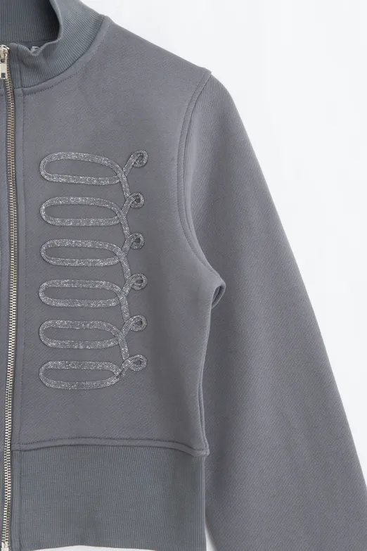 Bayan Gri Fermuarlı Süs Düğmeli Sweatshirt - BSL