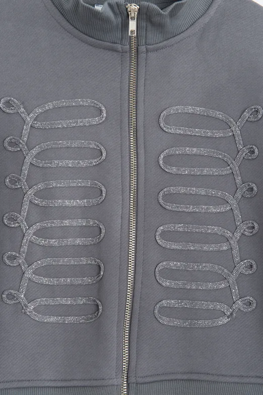 Bayan Gri Fermuarlı Süs Düğmeli Sweatshirt - BSL