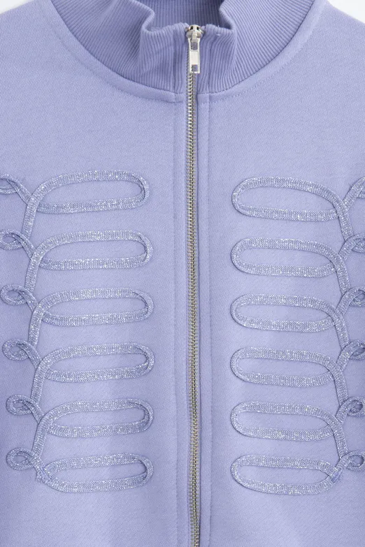 Bayan Lila Fermuarlı Süs Düğmeli Sweatshirt - BSL