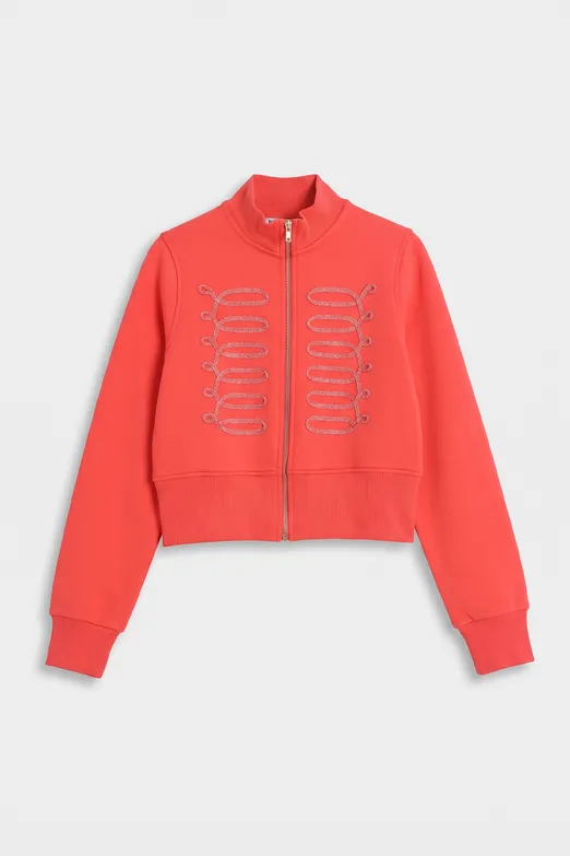 Bayan Kırmızı Fermuarlı Süs Düğmeli Sweatshirt - BSL