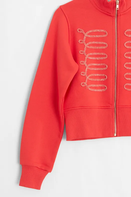 Bayan Kırmızı Fermuarlı Süs Düğmeli Sweatshirt - BSL