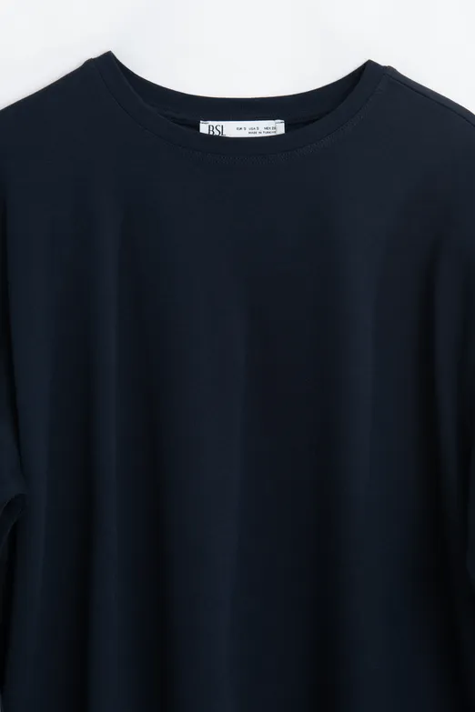 Bayan Lacivert Gömlek Kollu Oversize Tshirt - BSL