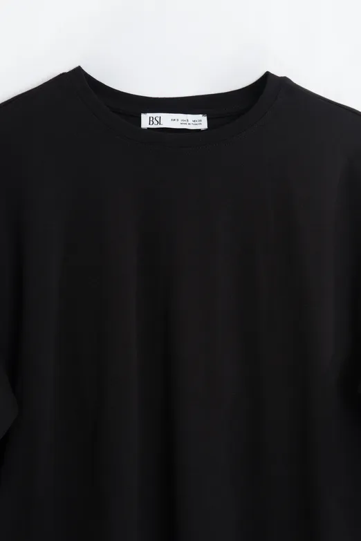 Bayan Siyah Gömlek Kollu Oversize Tshirt - BSL