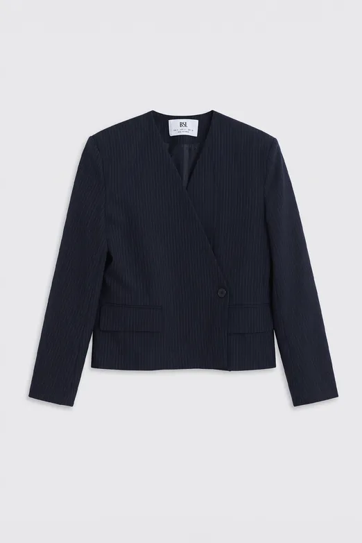 Bayan Lacivert Yakasız Kruvaze Blazer Ceket - BSL