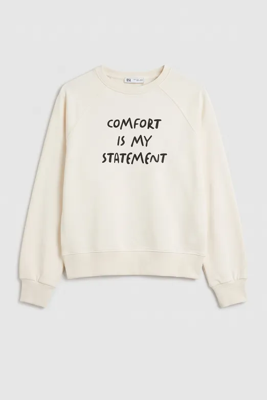 Bayan Ekru Baskılı Basic Oversize Sweatshirt - BSL