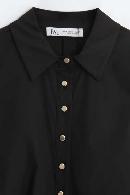 Bayan Siyah Düğmeli Fit Poplin Gömlek - BSL